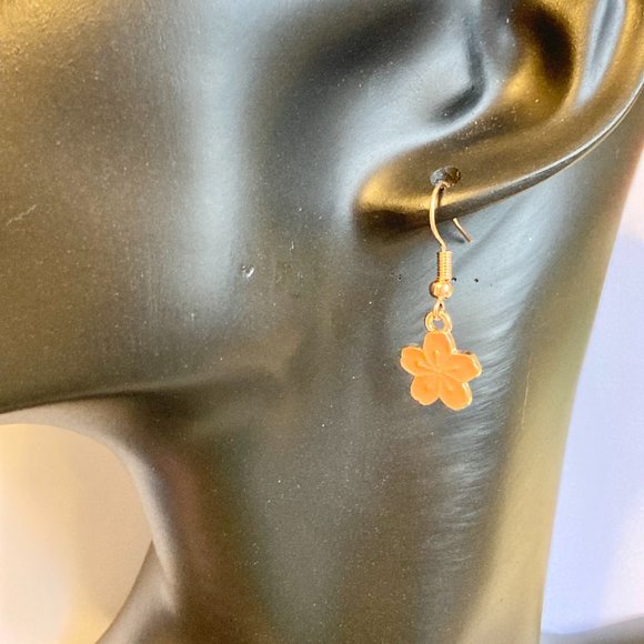 Hibiscus Flower Earrings Rose Gold Plated Enamel Peach Pink Dangle Dainty Island - Picture 3 of 12